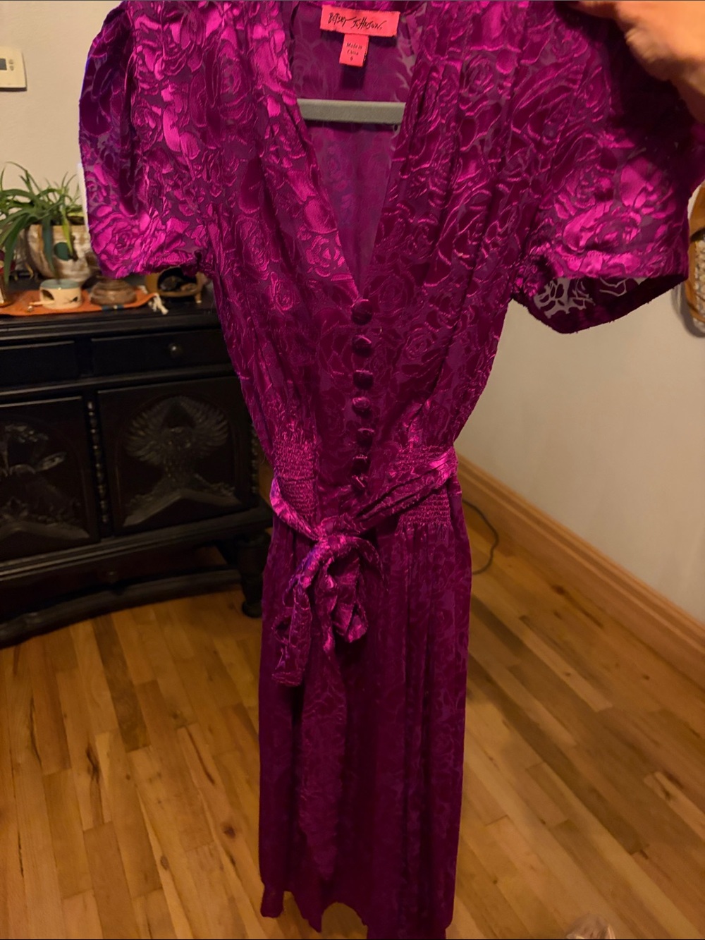Betsey Johnson Fuchsia Floral Jacquard Midi Dress with Tie Waist